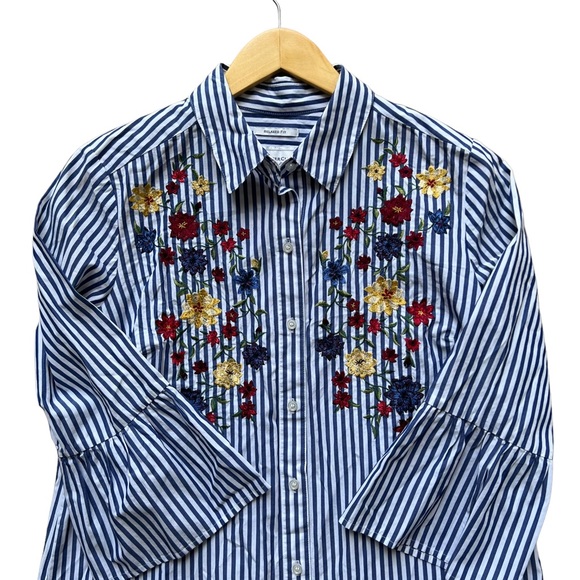 Charter Club Blue Striped Floral Button Down Blouse - Picture 5 of 6